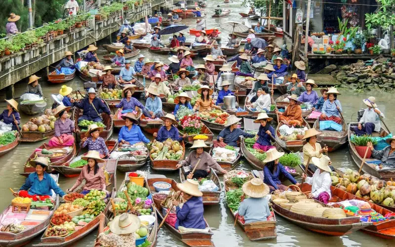 O Mercado Flutuante Tha Kha reflete o ambiente tradicional tailandês