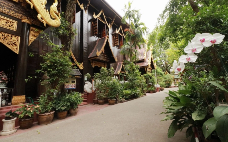 Um jardim sereno e um lago com tartarugas aumentam o encanto do templo
