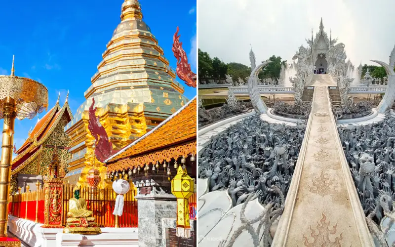 Chiang Mai tem templos históricos marcantes, enquanto Chiang Rai se destaca pelo Templo Branco e sua paisagem tranquila