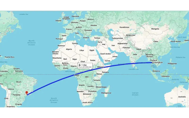 O trajeto de São Paulo a Bangkok.