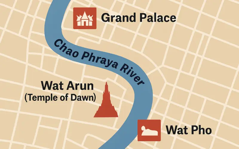 Mapa mostra o rio cortando templos icônicos