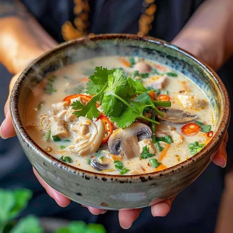 Tailandeses preparam Tom Kha Gai com leite de coco