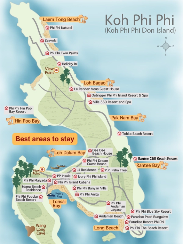 Mapa de Koh Phi Phi Don - a principal área residencial e habitada da ilha