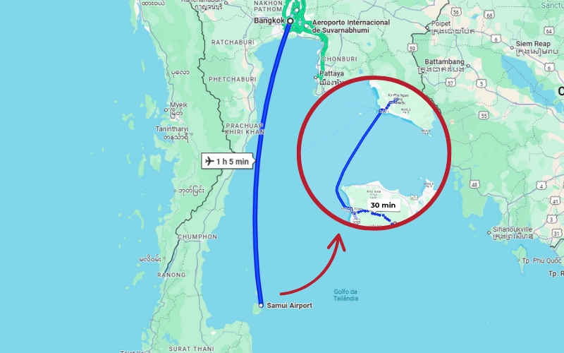 Visitantes vão a Koh Phangan via Koh Samui de avião e balsa