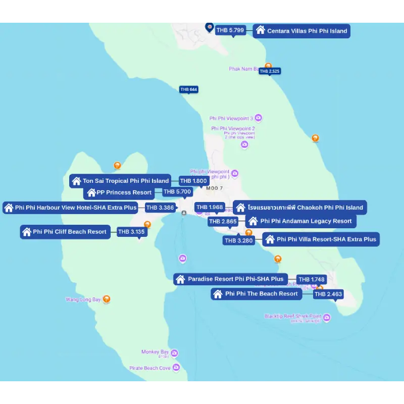 O sul de Koh Phi Phi Don ~e a região com mais hotéis, desde estadias de luxo até opções econômicas