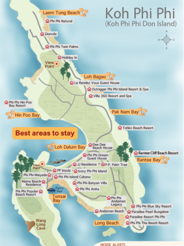 Mapa de Koh Phi Phi Don - a principal área residencial e habitada da ilha