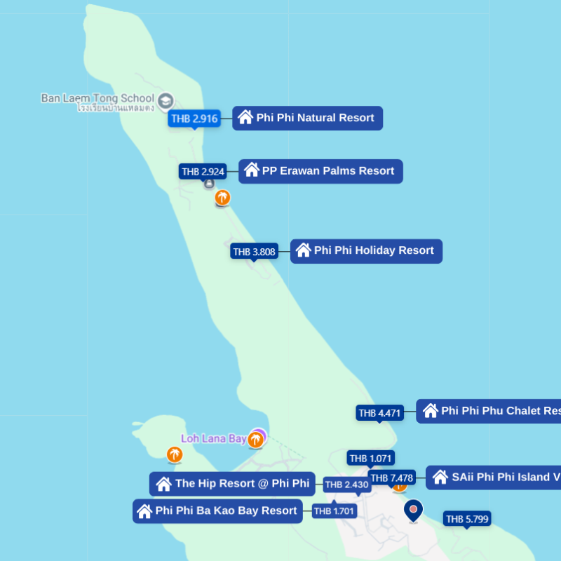 Norte de Phi Phi Don tem resorts luxuosos à beira-mar