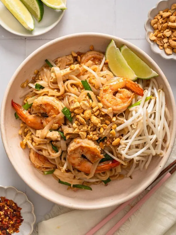 Tailandeses preparam Pad Thai com macarrão frito