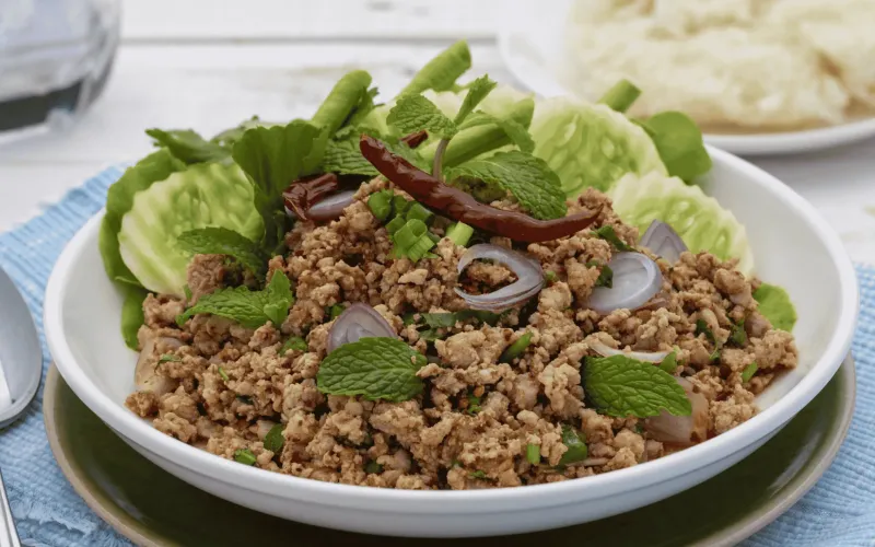 Tailandeses servem Laab com carne moída e ervas