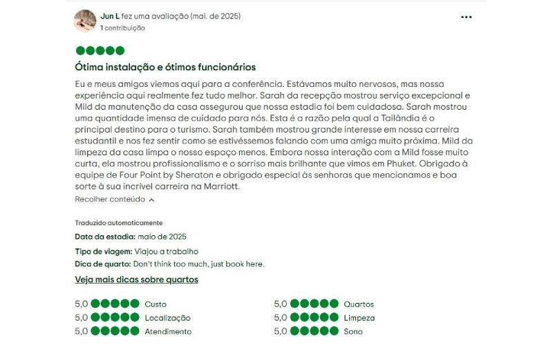 Hóspede brasileiro dá 5 estrelas ao serviço atento