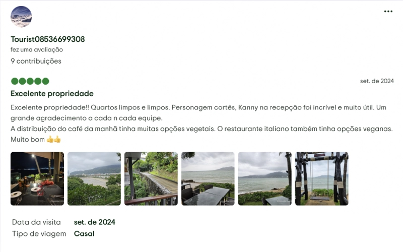 Hóspedes dão 5 estrelas pelo serviço e comida