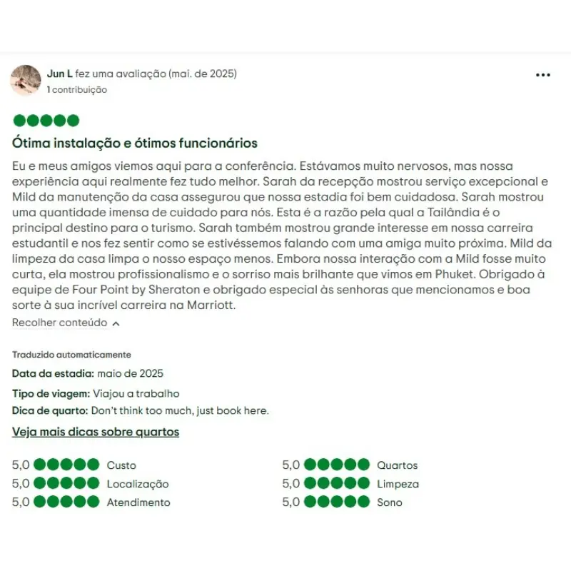 Hóspede brasileiro dá 5 estrelas ao serviço atento