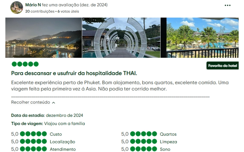 Avaliação positiva no TripAdvisor de um hóspede brasileiro destacando o conforto e o ótimo serviço