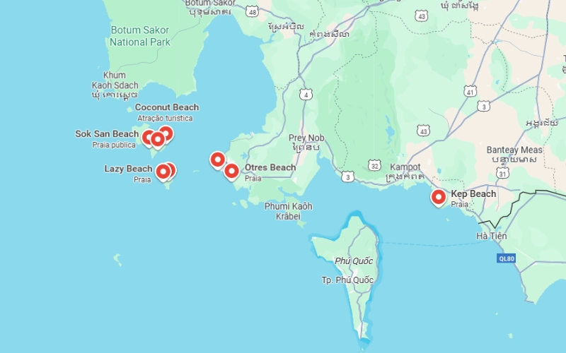 Mapa das praias do Camboja.