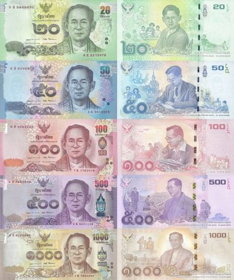 As notas de baht tailandês sempre apresentam a imagem do Rei