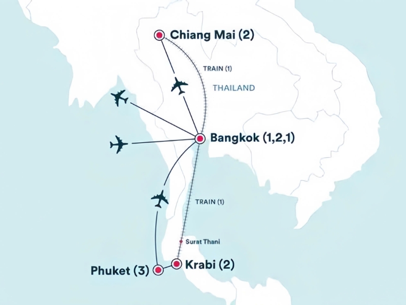 Mapa mostrando rotas turísticas principais e destinos populares na Tailândia