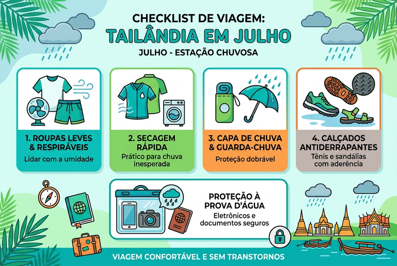 Ao preparar suas malas para a Tailândia em julho, faça uma lista de roupas impermeáveis
