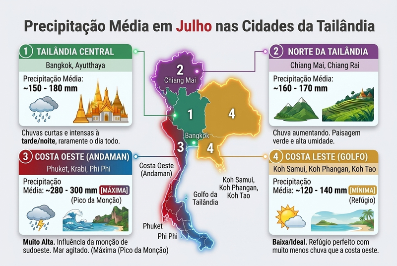 Mapa da Tailândia mostrando diferenças climáticas entre norte, centro e sul em julho