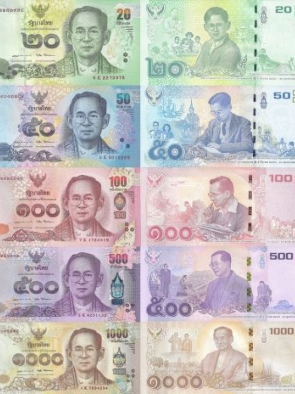 As notas de baht tailandês sempre apresentam a imagem do Rei