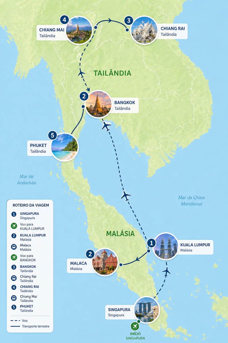 Resumo do roteiro Tailândia - Malásia - Singapura pela Mundo Asia Tours
