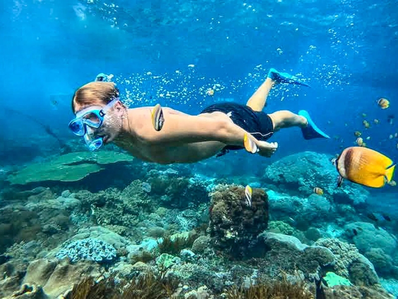 O snorkeling no Tarutao National Marine Park é famoso por suas águas cristalinas e belos recifes de coral.