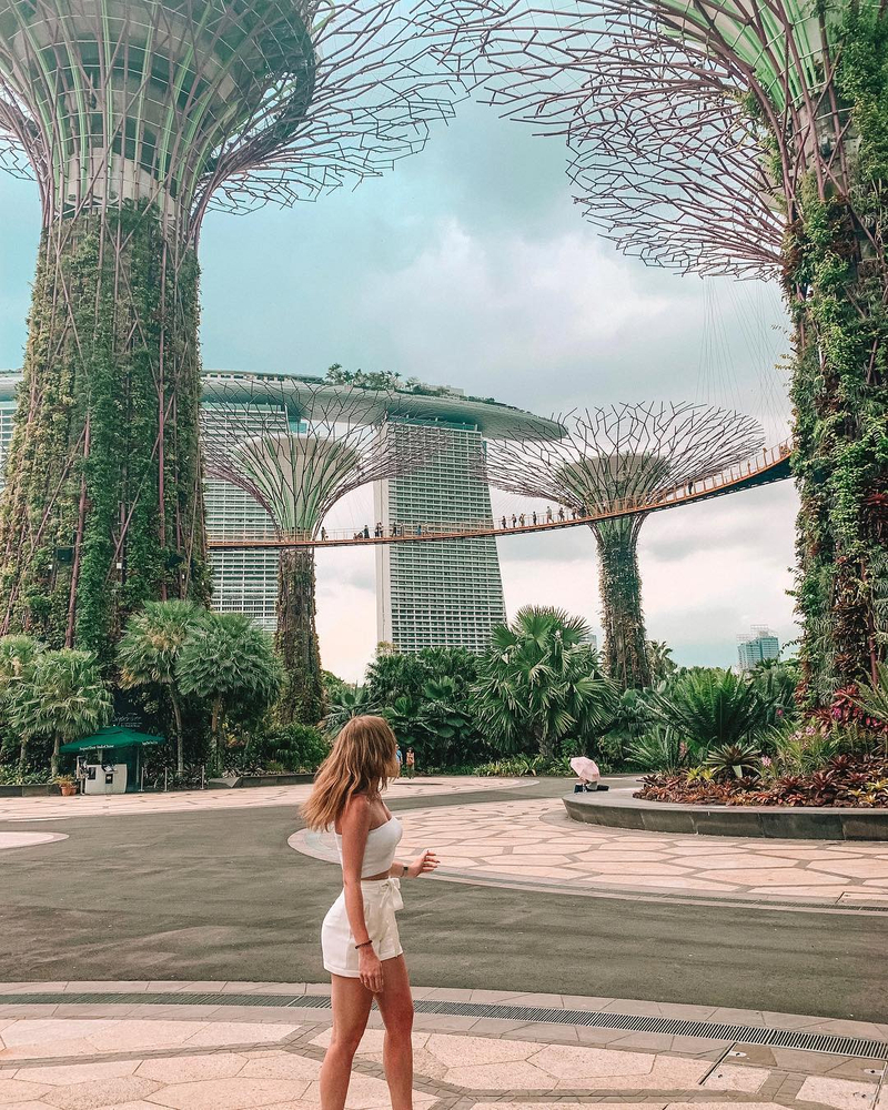 Visitantes maravilhados observando a arquitetura futurista das Supertrees no Gardens by the Bay, em Singapura